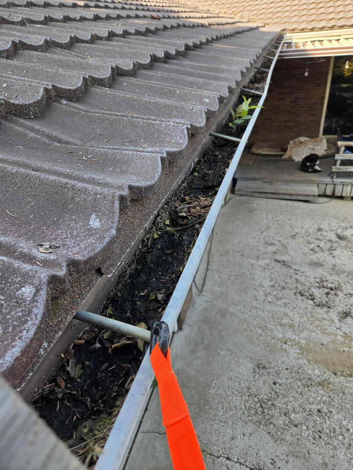 Gutter packed with debris before cleaning, safety strap on the roof